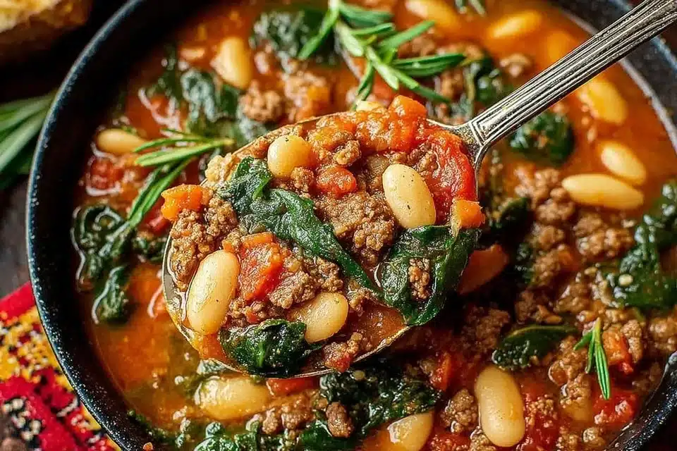 Bowl of delicious Sausage, Bean, and Spinach Soup with herbs and spices