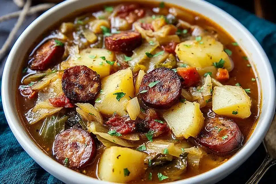 Slow cooker kielbasa dish with cabbage and potatoes served in a bowl.