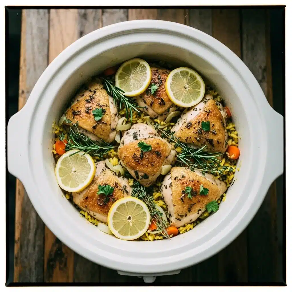 Slow cooker lemon herb chicken with rice served in a bowl