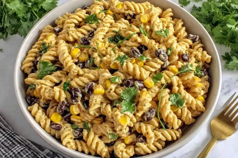 Bowl of Southwest Black Bean & Corn Pasta Salad with fresh ingredients