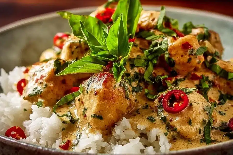 Spiced Coconut Basil Chicken served with rice on a plate