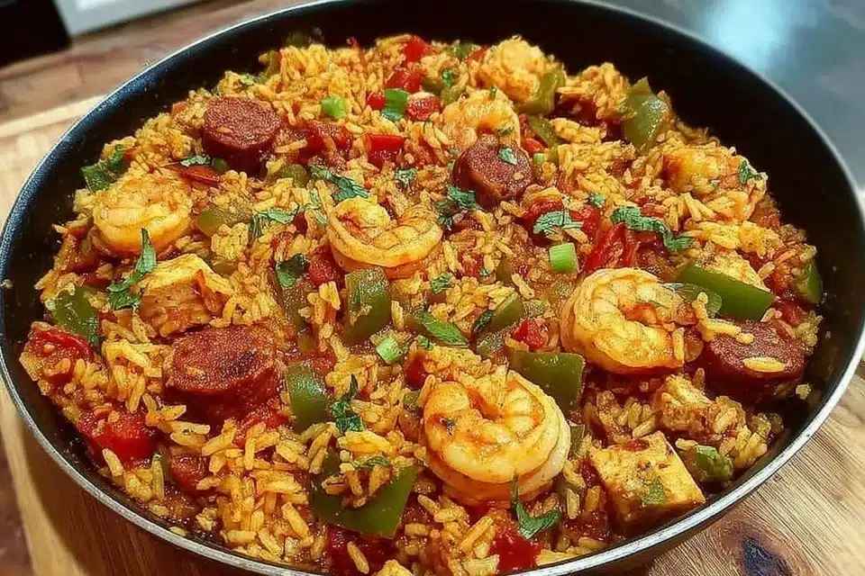 Bowl of spicy chicken shrimp jambalaya with vibrant vegetables and rice