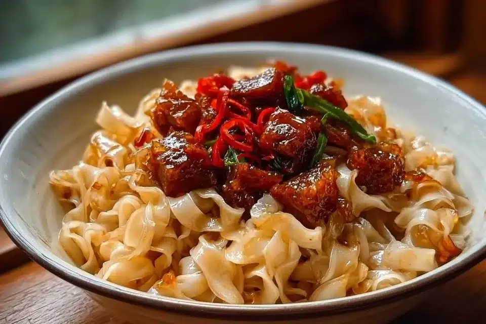 Spicy garlic chilli noodles garnished with herbs in a bowl