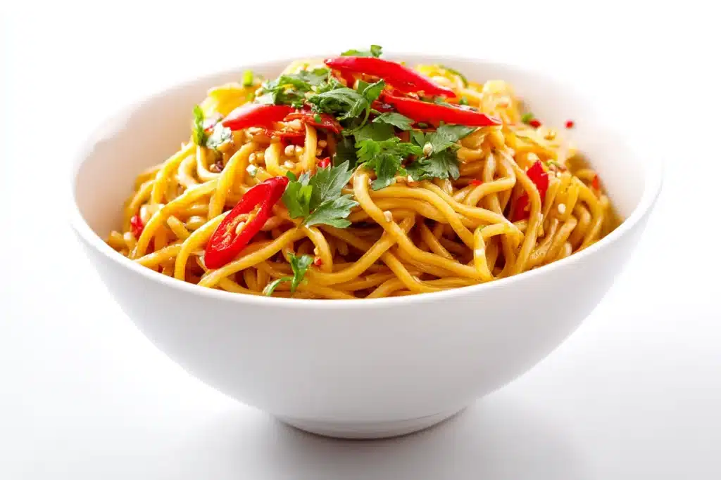 Spicy garlic chilli noodles served in a clean white bowl, isolated on a bright white background with high contrast and vibrant red chili garnish.
