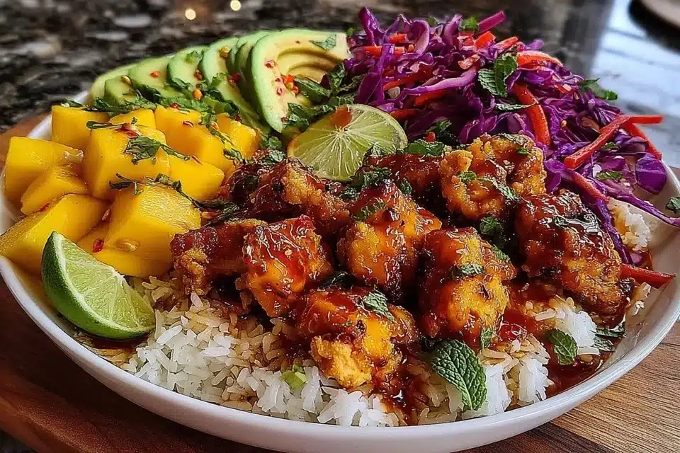 Spicy Thai Peanut Chicken Bowl with vibrant vegetables and creamy sauce