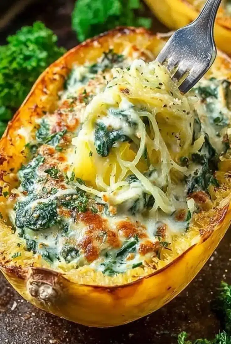 Spinach stuffed spaghetti squash dish with cheese and spices