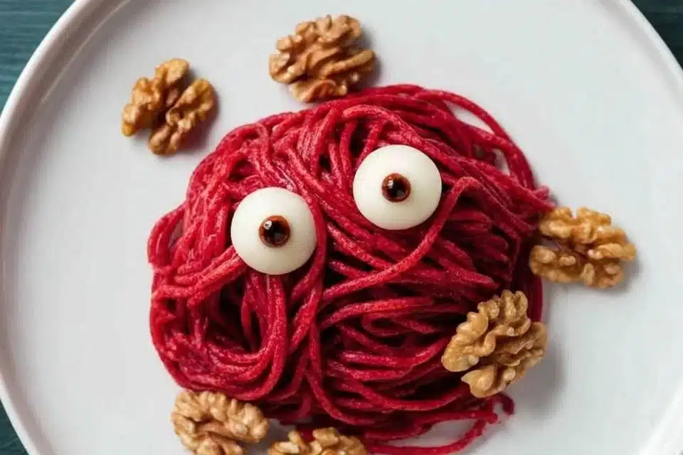 Spooky Halloween pasta with beetroot and mozzarella eyes for festive celebrations