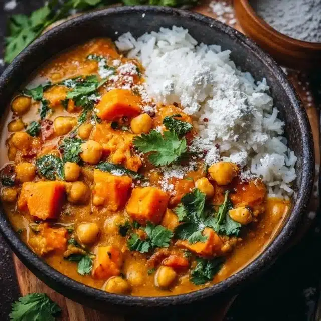 Sweet Potato and Chickpea Curry dish topped with herbs.