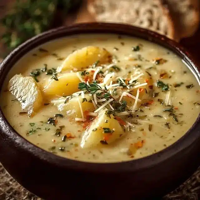 Hearty cheddar garlic herb potato soup in a bowl garnished with fresh herbs