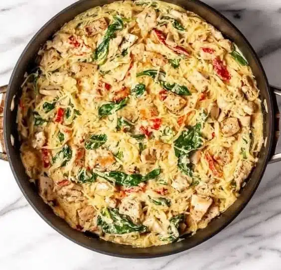 Delicious Tuscan Chicken served with roasted spaghetti squash