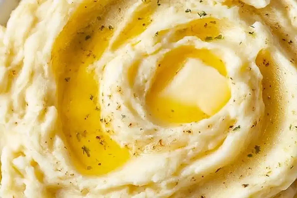 Bowl of ultimate garlic mashed potatoes topped with fresh herbs