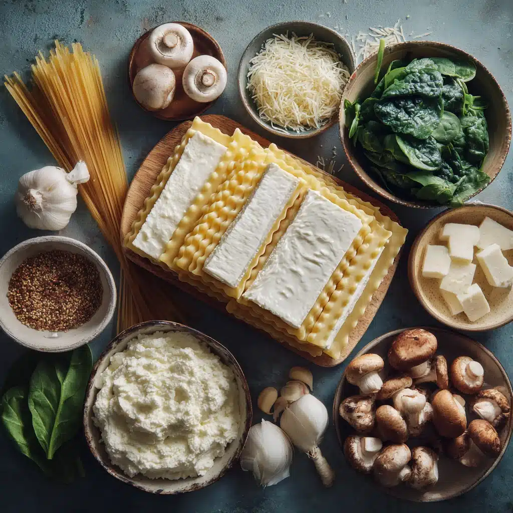 Ingredients for White Lasagna with béchamel, cheese, and vegetables