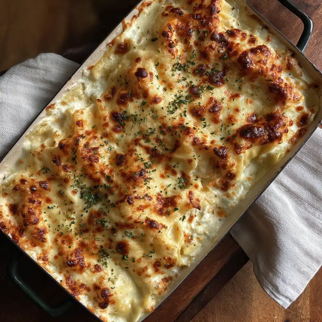 White Lasagna baked with golden cheese in a dish