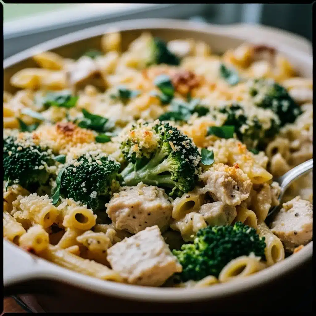 Wholesome Chicken Broccoli Alfredo Bake topped with cheese and fresh herbs