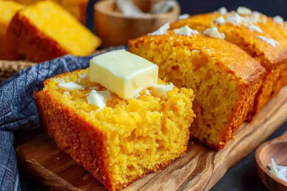 Deliciously moist Amish Sour Cream Cornbread served with butter.