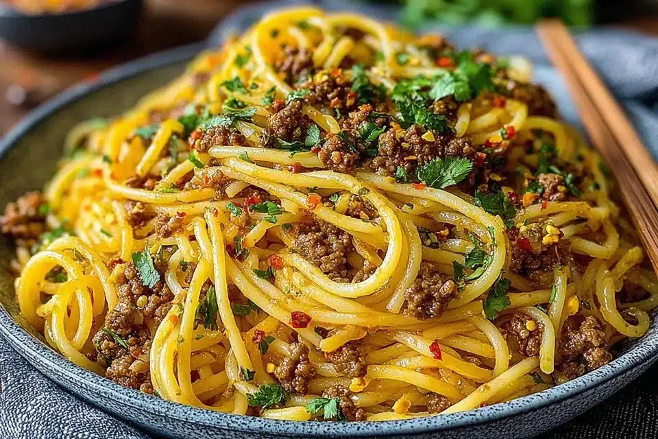 Asian-Style Ground Beef Spaghetti served with fresh herbs and vegetables