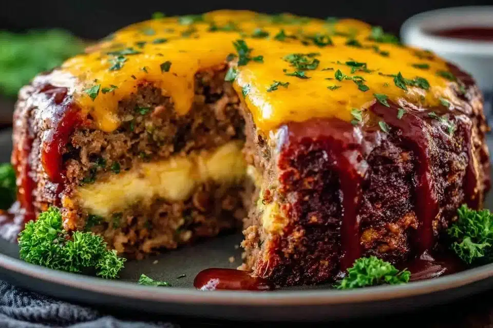 Delicious BBQ Cheddar Meatloaf served with a side of vegetables