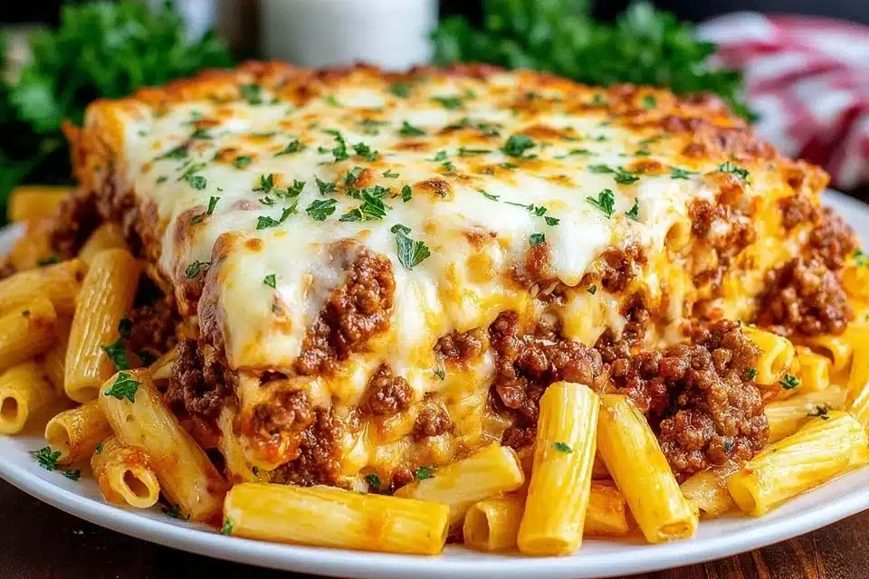 Delicious beef pasta casserole baked to perfection in a casserole dish.