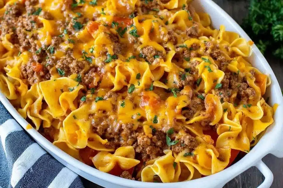 Delicious beef noodle casserole topped with cheese and herbs