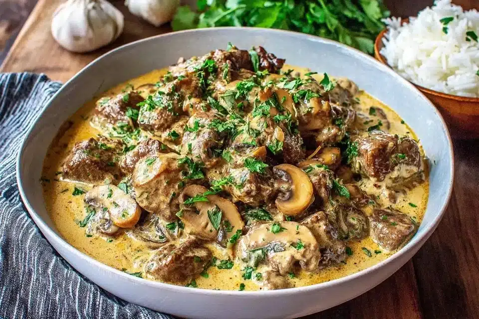 Delicious Beef Stroganoff served with noodles and garnished with parsley
