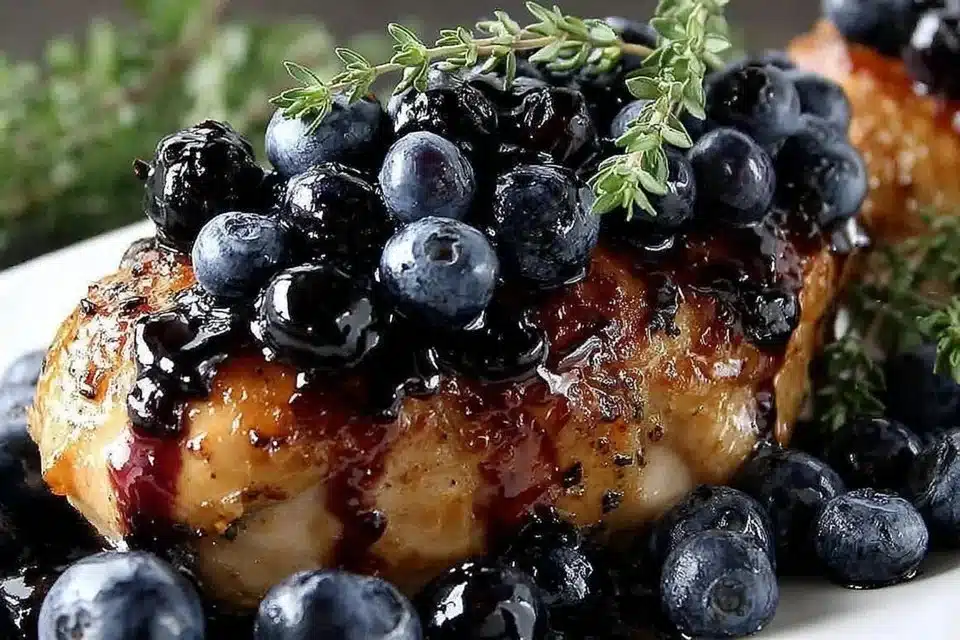 Blueberry Thyme Chicken plated with fresh blueberries and herbs