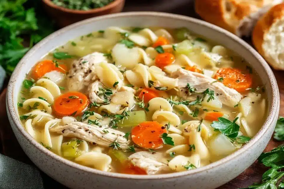 Bowl of bone broth chicken noodle soup with vegetables and herbs