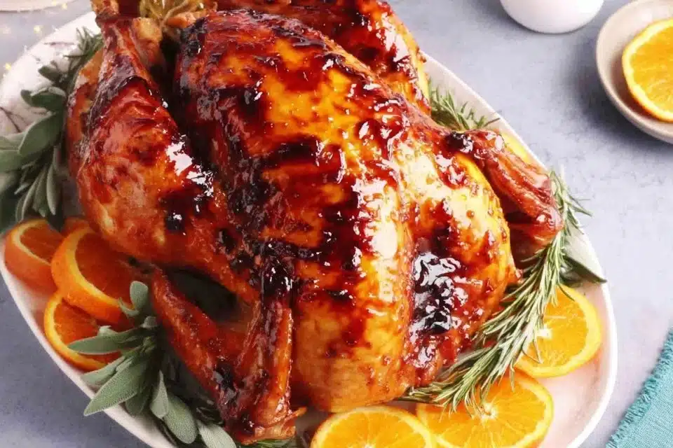 Juicy brined turkey ready for a festive holiday dinner.