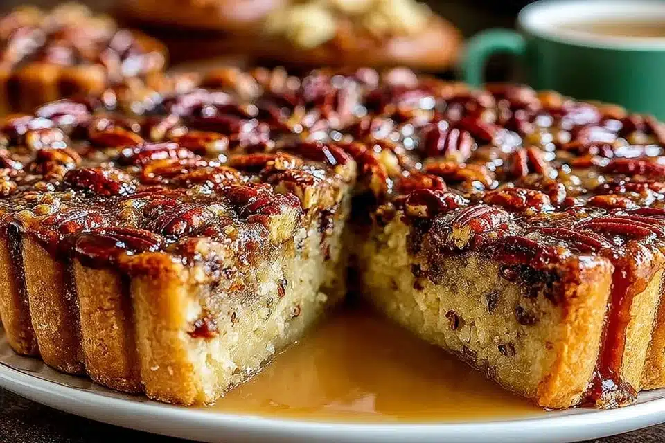 Delicious buttery pecan cake with brown sugar frosting on a decorative plate