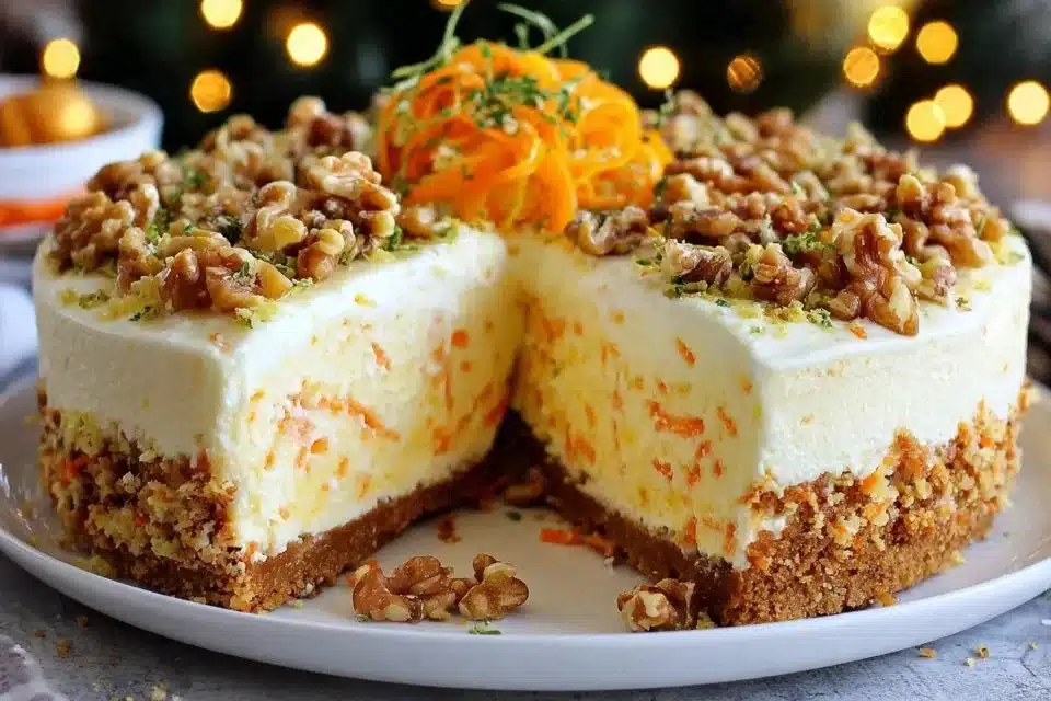 Deliciously layered carrot cake cheesecake with a creamy topping.
