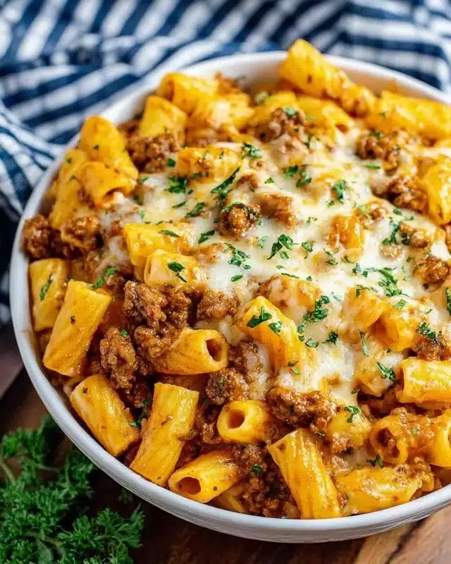 Delicious cheeseburger pasta served in a bowl with cheese and herbs