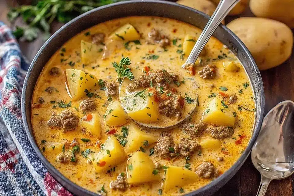 Bowl of cheesy beef and potato soup with herbs garnish