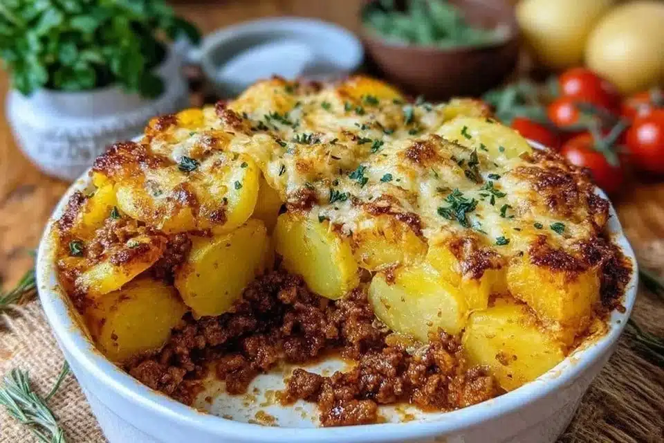 Cheesy ground beef and potato casserole baked to perfection
