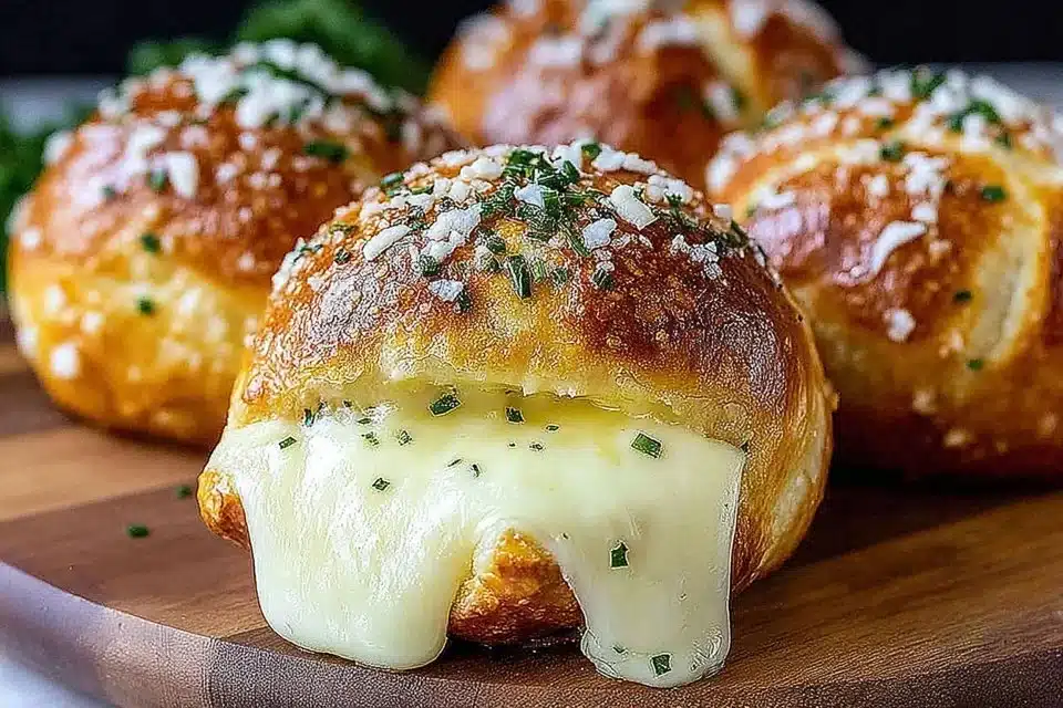 Cheesy mozzarella stuffed soft pretzels baked to golden perfection