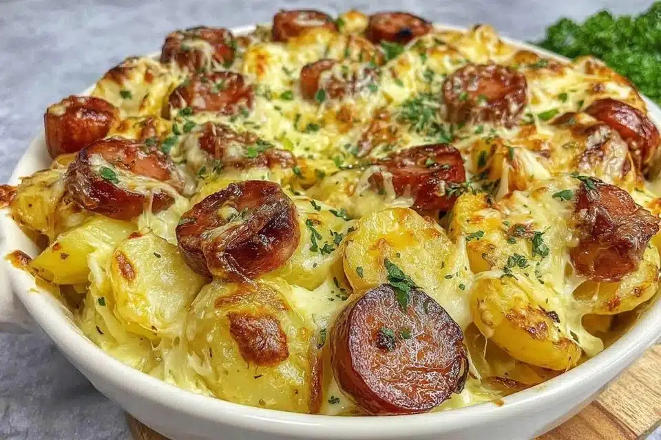 Cheesy Ranch Potatoes with Halal Smoked Sausage served in a bowl