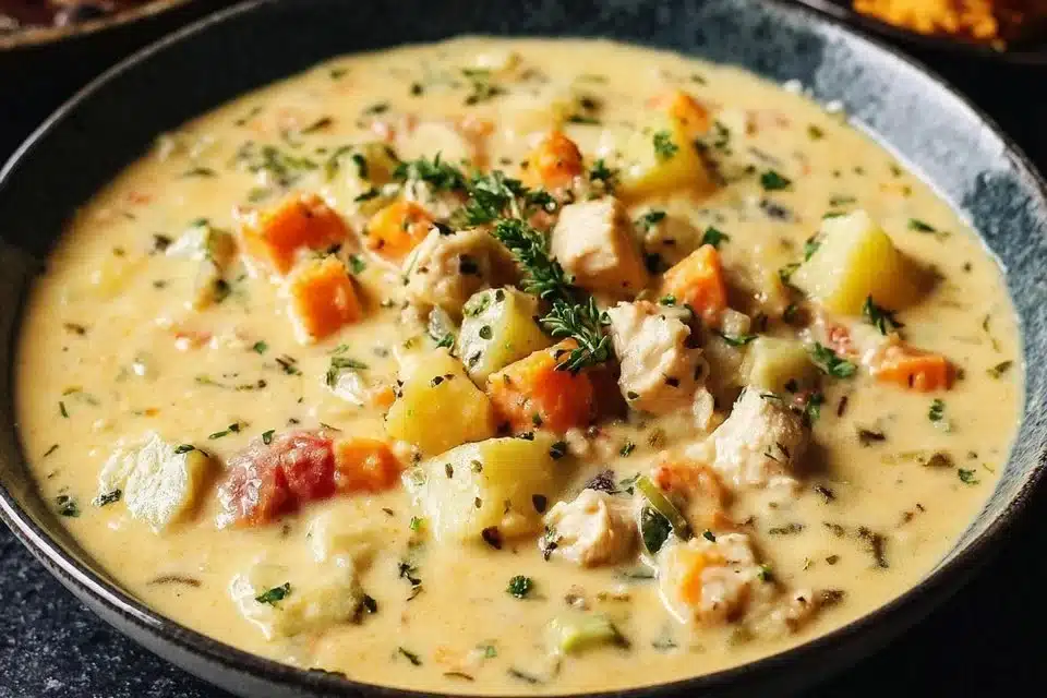 Delicious homemade chicken potato soup served in a bowl.