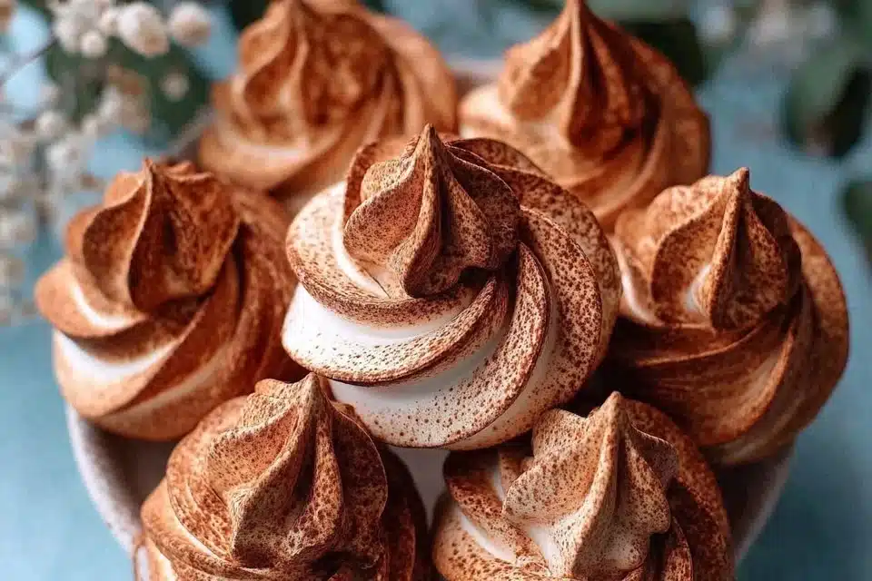 Delicious Chocolate Meringue Cookies on a white plate, garnished with cocoa powder.