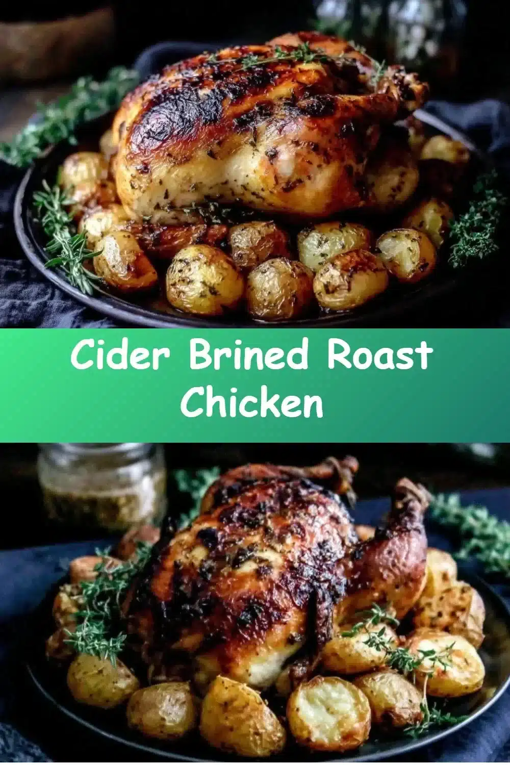 Cider Brined Roast Chicken golden brown and served with fresh herbs