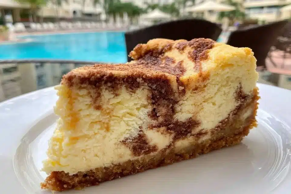 Delicious cinnamon roll cheesecake with swirls of cinnamon and cream cheese topping.