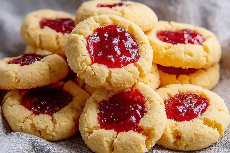 Classic butter thumbprint cookies filled with jam on a plate