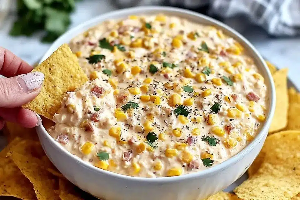 Classic creamy corn dip served in a bowl with tortilla chips.