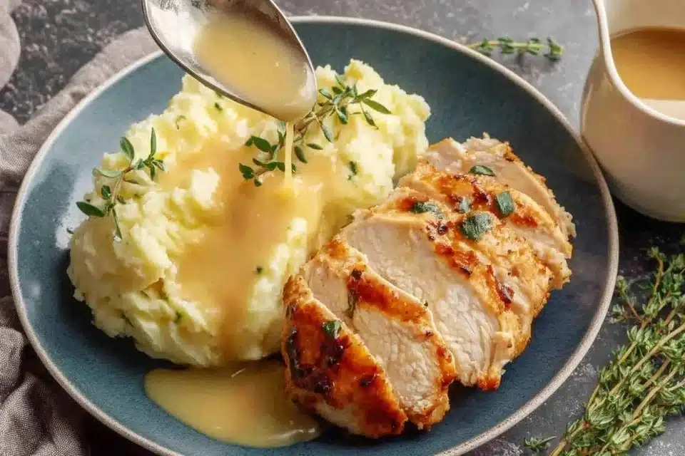 A bowl of classic giblet gravy served with roasted turkey and herbs.