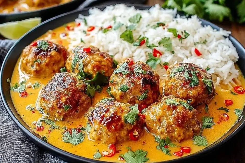 Coconut Chicken Meatballs served with a fresh garnish