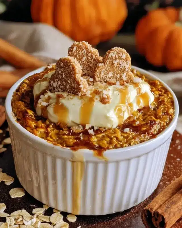 Bowl of cozy pumpkin baked oatmeal topped with nuts and spices