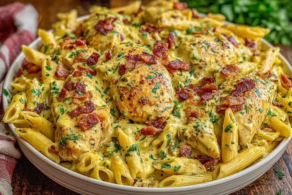 Delicious Crack Chicken Penne served in a bowl with herbs on top.