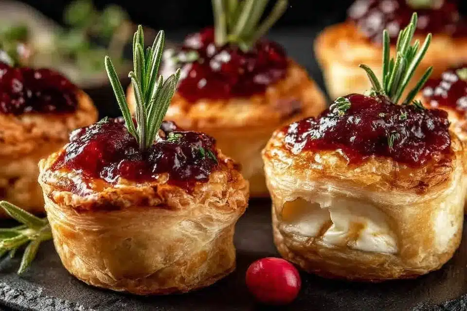 Cranberry Brie Bites on a serving platter with fresh cranberries