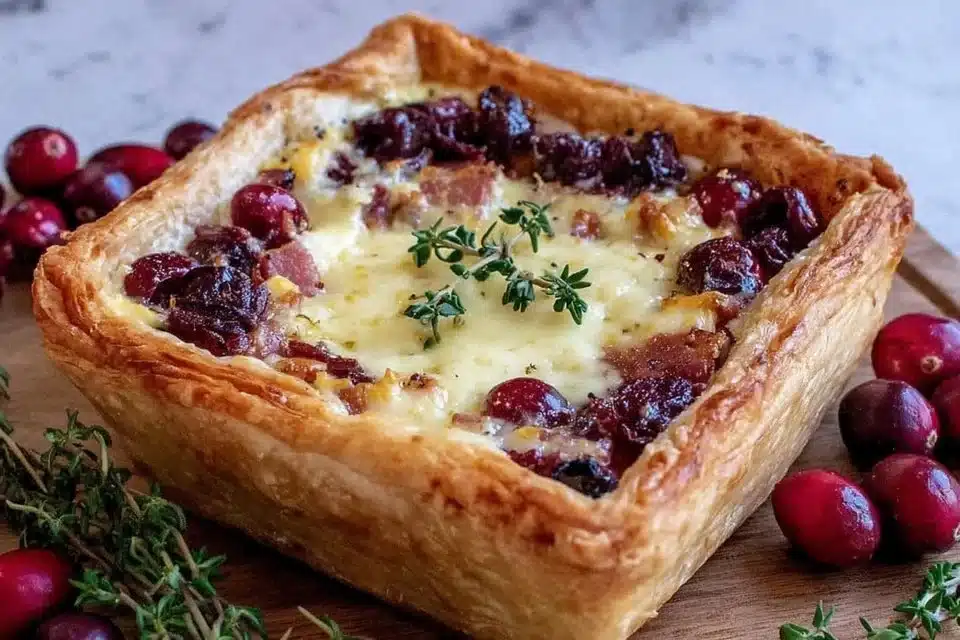 Cranberry Brie Tart topped with Pancetta and fresh Thyme, ideal for holiday parties.