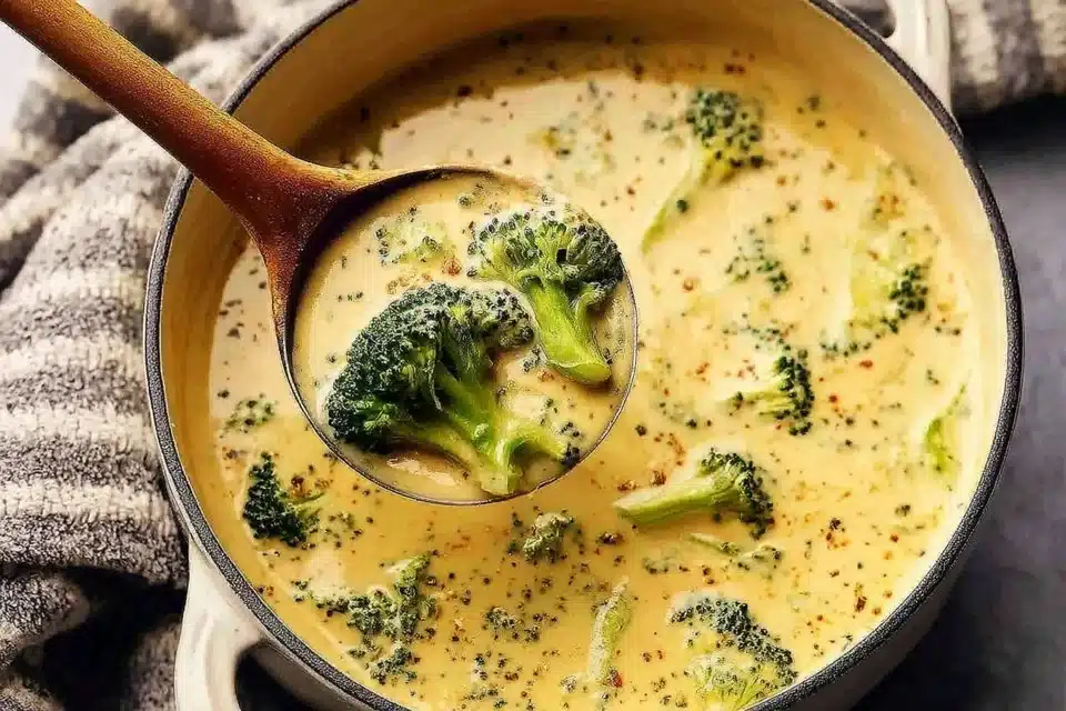 Creamy broccoli cheddar soup garnished with fresh broccoli and cheese