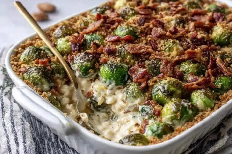Creamy Brussels sprouts gratin with mushrooms and pancetta in a baking dish