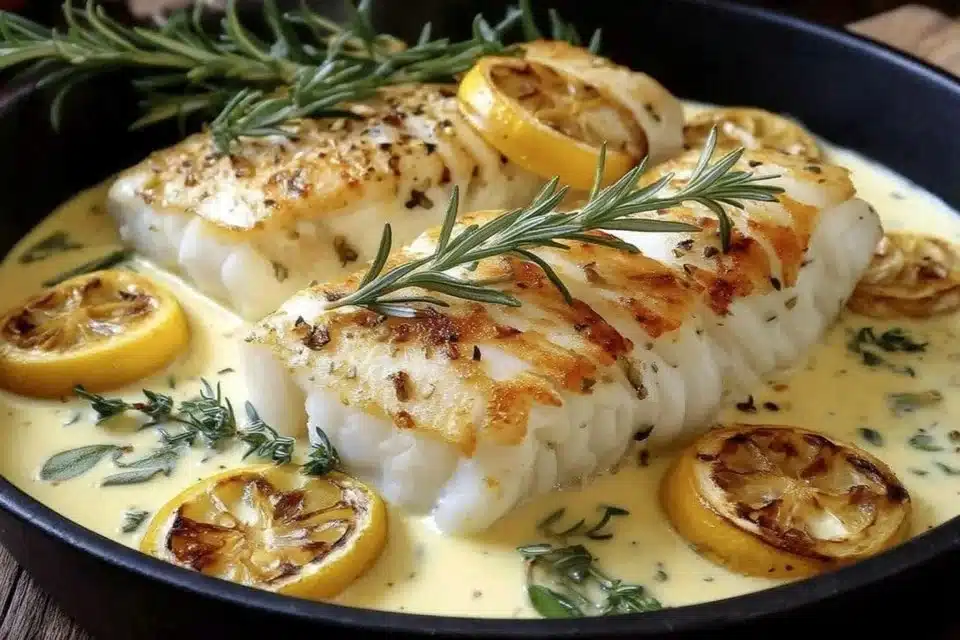 Creamy cod dish with roasted potatoes and rosemary sauce on a plate