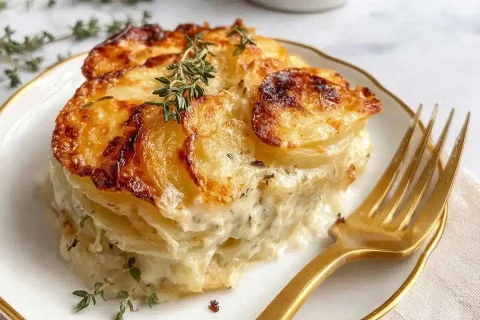 Delicious creamy French onion scalloped potatoes baked to perfection.